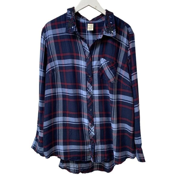 TERRA & SKY Boyfriend Shirt Size 1X Blue Plaid Rayon Button up Embroidered Colla - Picture 1 of 10